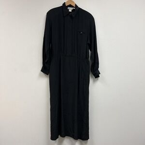 Vintage Silk Land Shirt Dress Womens 12T Black Collared Long Sleeve Maxi Button
